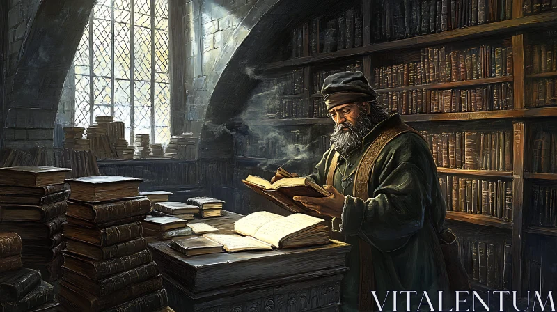 Man Reading in Ancient Library AI Image