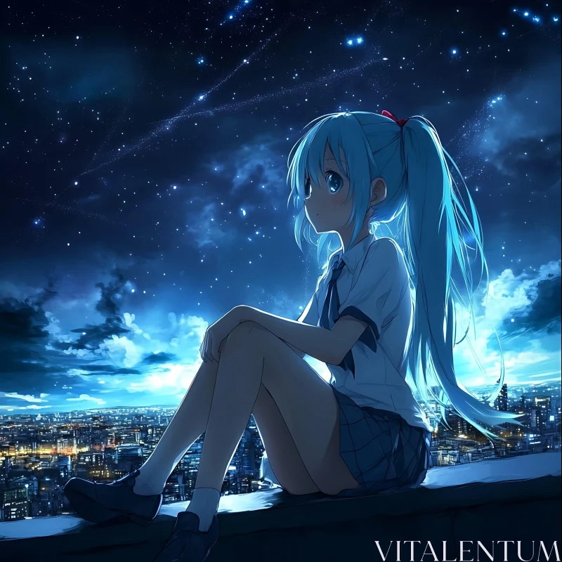 Contemplative Anime Girl under Starry Sky AI Image