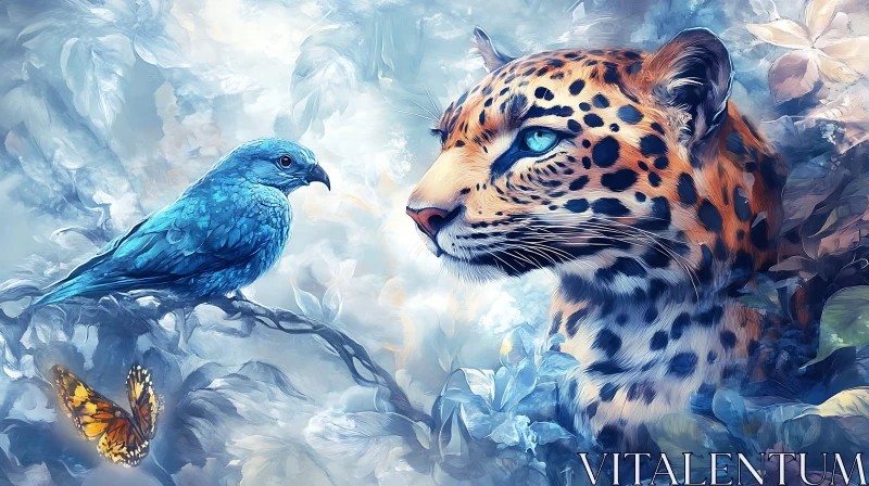 AI ART Wildlife Harmony: Leopard, Bird, Butterfly