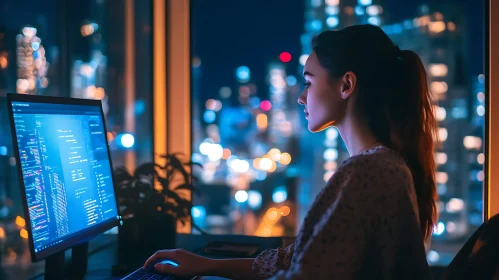 Woman Coding Late at Night