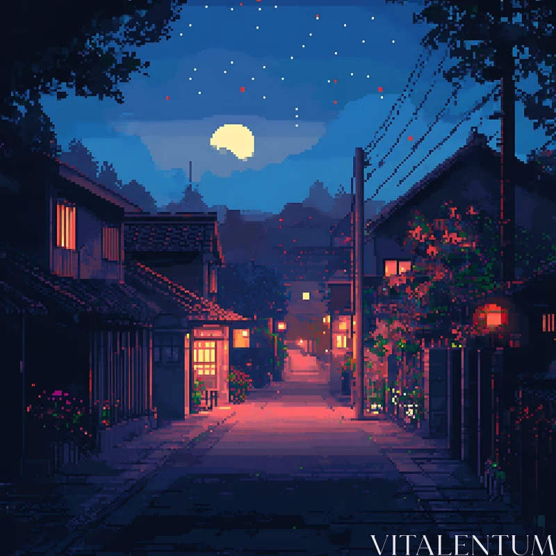 Tranquil Night in Pixel Art: Street with Lanterns and Moonlight AI Image