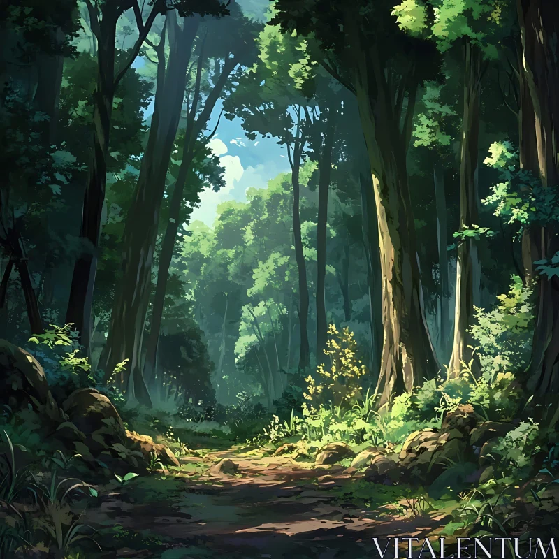 Tranquil Sunlit Forest Trail AI Image