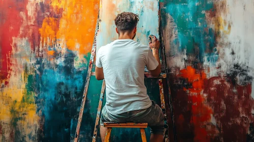 Man Painting Abstract Art on Canvas