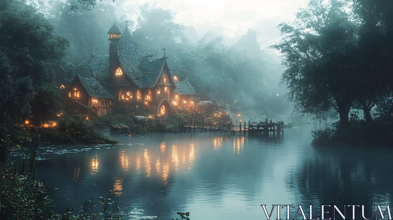 AI ART Enchanting Evening by the Misty Cottage