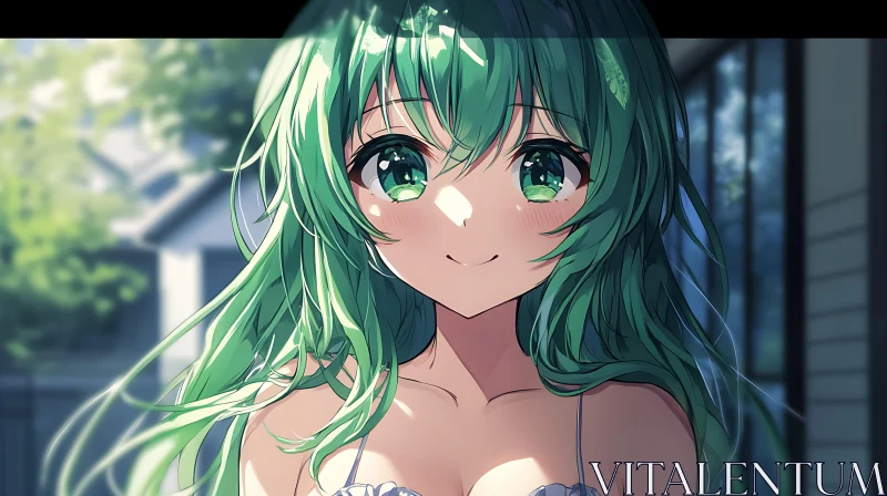 Cheerful Anime Girl with Green Eyes in Outdoor Setting AI Image