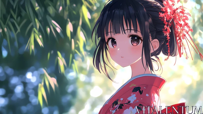 Traditional Anime Girl in a Floral Kimono AI Image