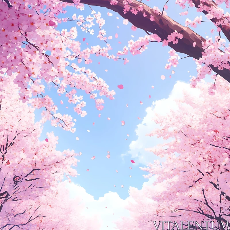 Springtime Cherry Blossom Trees with Pink Petals Against Blue Sky AI Image