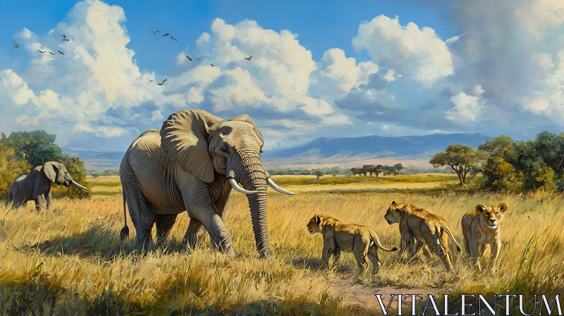 AI ART Elephants and Lions in African Field