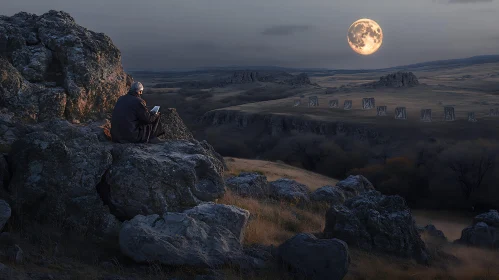 Person on Rocks under the Moon