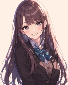 Smiling Anime Girl with Long Hair and School Uniform