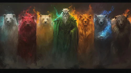 Magical Lions with Central Wizard Figure