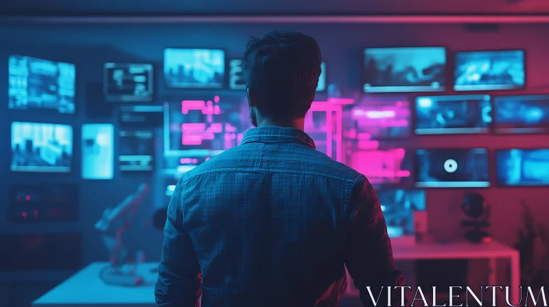 Man in Neon Tech Room AI Image