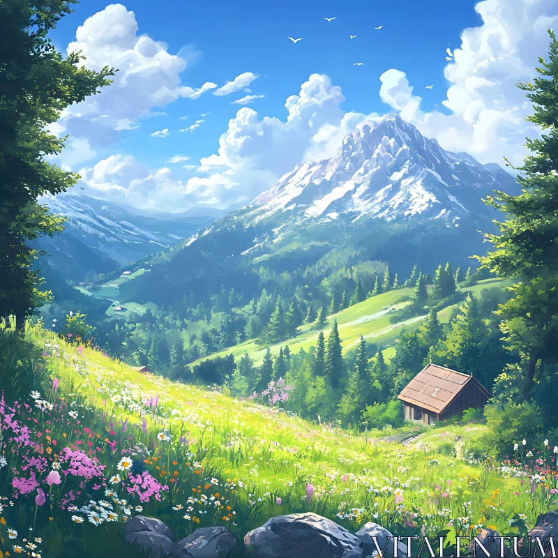 AI ART Scenic Mountain Meadow with a Small Cabin