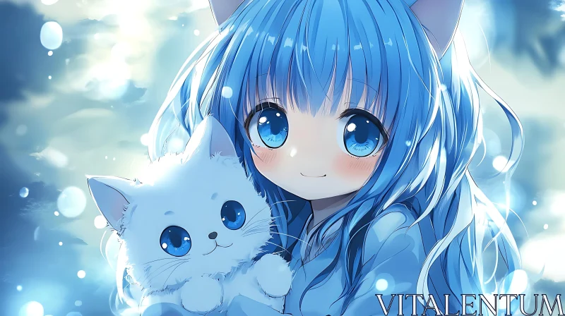 AI ART Adorable Anime Girl Holding a White Cat