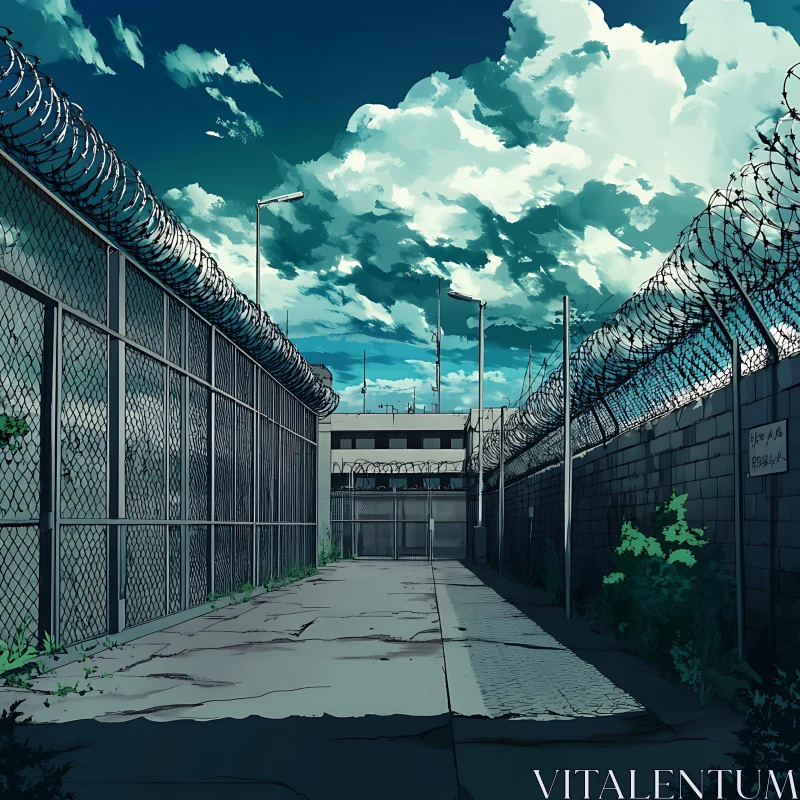 Prison Yard Enclosed by Barbed Wire AI Image