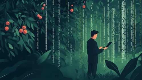 Digital Forest: Man with Tablet Amidst Data