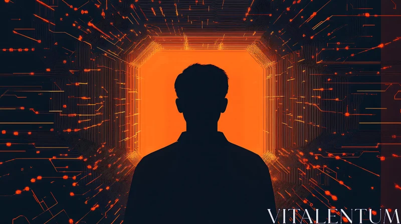 Man Silhouette with Digital Circuit Background AI Image