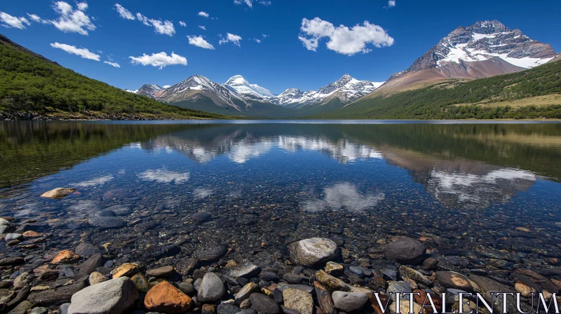 AI ART Serene Mountain Lake with Reflective Waters and Rocky Shoreline