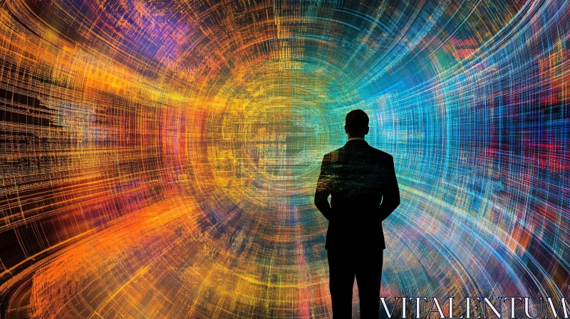 AI ART Man in Suit Before Colorful Abstract Tunnel