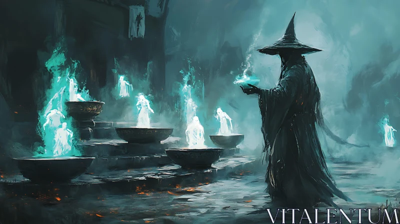 Mystical Wizard and Ethereal Spirits AI Image