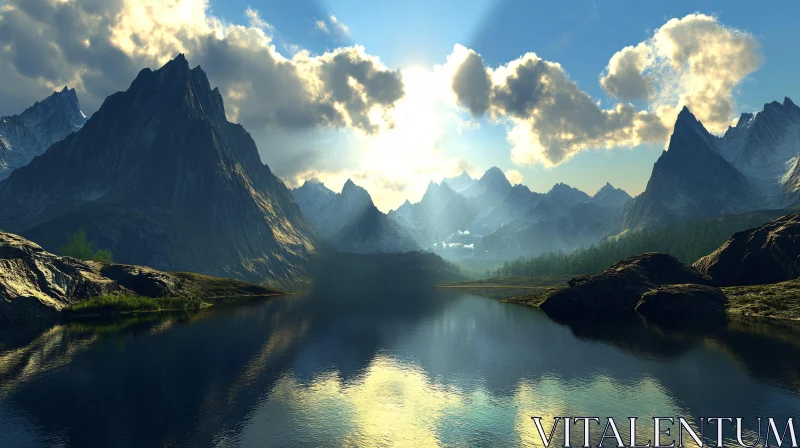 Golden Sunlit Mountain Peaks Reflected in Tranquil Lake AI Image