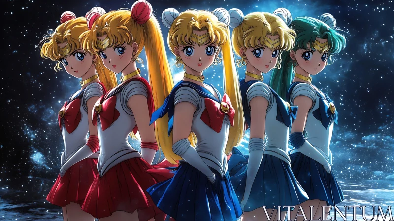 Sailor-Themed Anime Characters Under the Stars AI Image