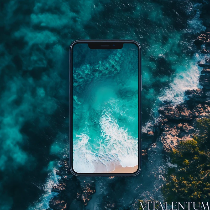 Coastal Scene on Phone Screen AI Image