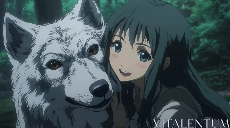 Forest Companions: Anime Girl and Wolf AI Image