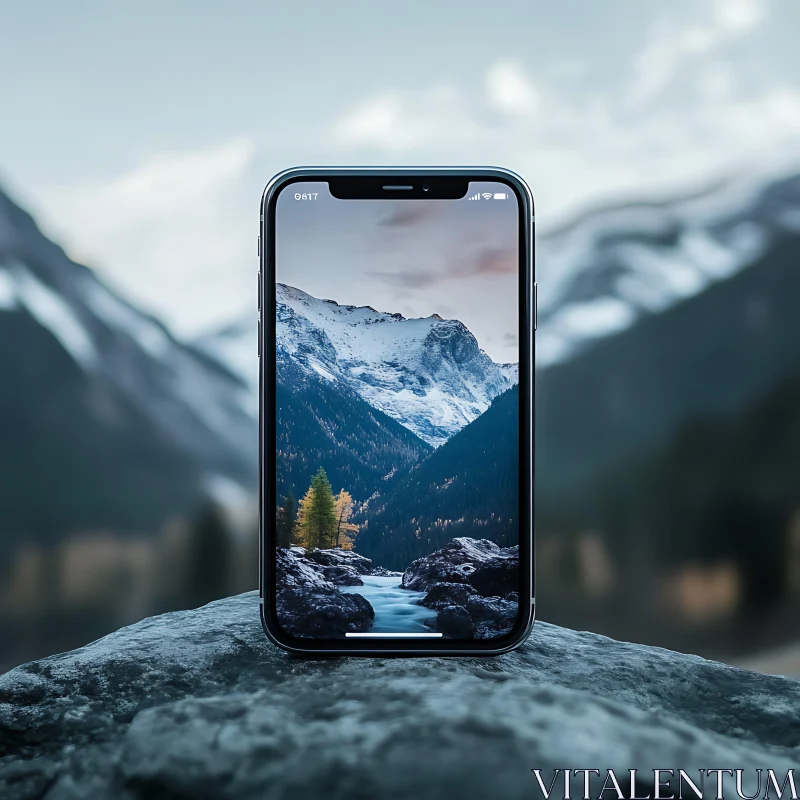 Phone Displaying Mountainous Landscape AI Image