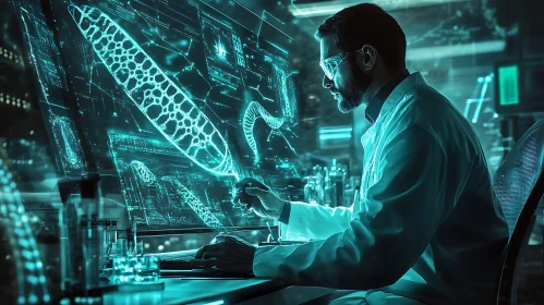 Scientist Analyzing Data on Glowing Screen