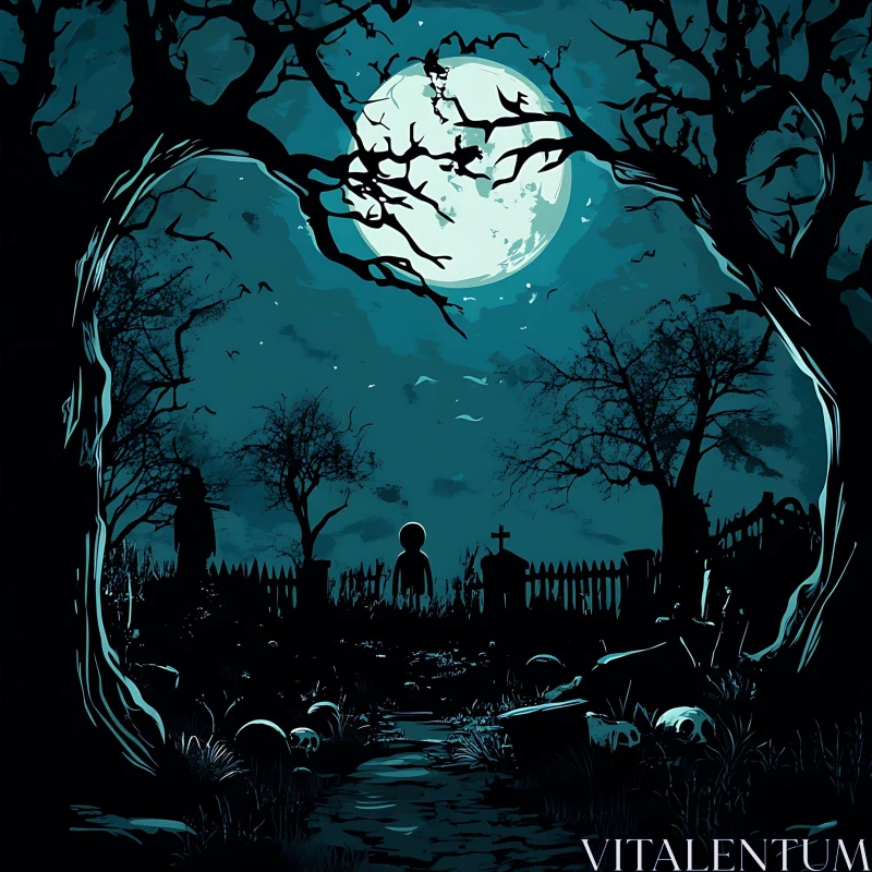 Moonlit Cemetery Illustration AI Image