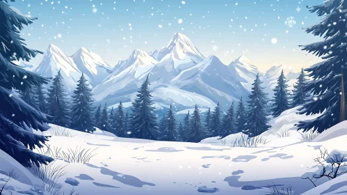 Snowy Mountain Landscape with Evergreen Trees