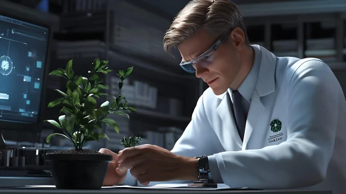 Man in Lab Coat Examining Plant Growth