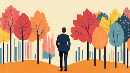 Man in Suit Among Colorful Abstract Trees