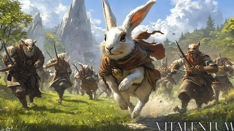 Rabbit Leading Warriors on Grassy Field AI Image