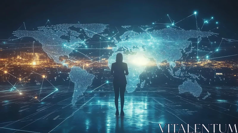 Digital World Map with Woman Silhouette AI Image