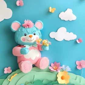 Adorable Cartoon Bear Surrounded by Flowers and Butterflies