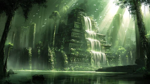 Lush Forest Temple with Waterfall