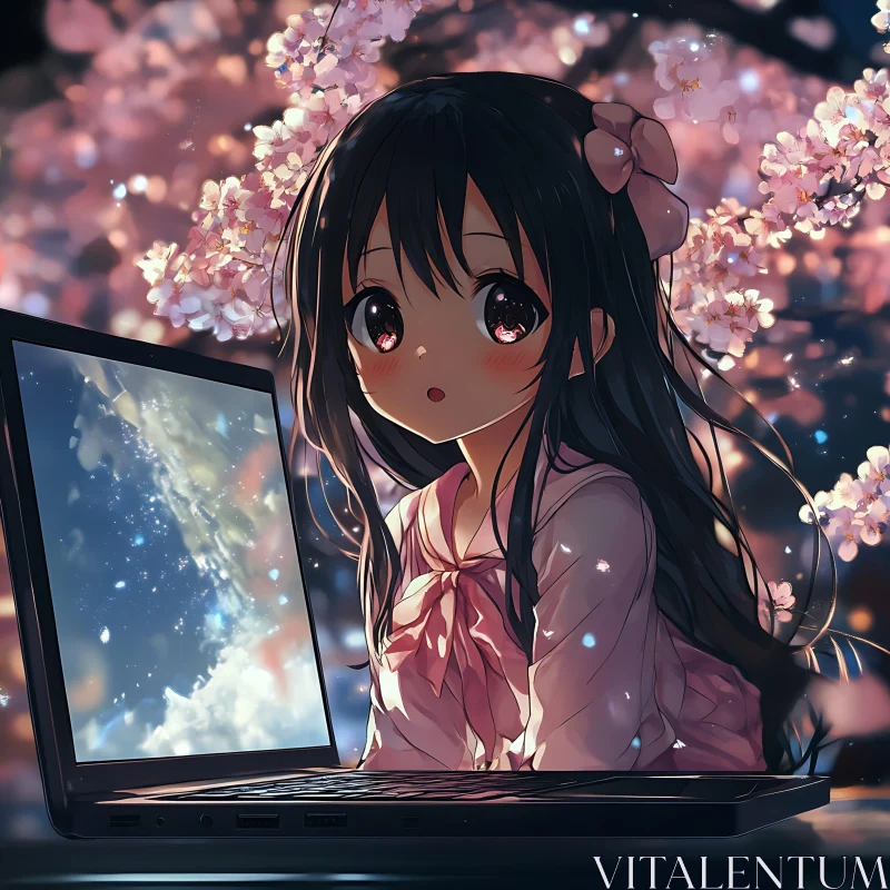 Serene Anime Girl Amongst Cherry Blossoms with Laptop AI Image