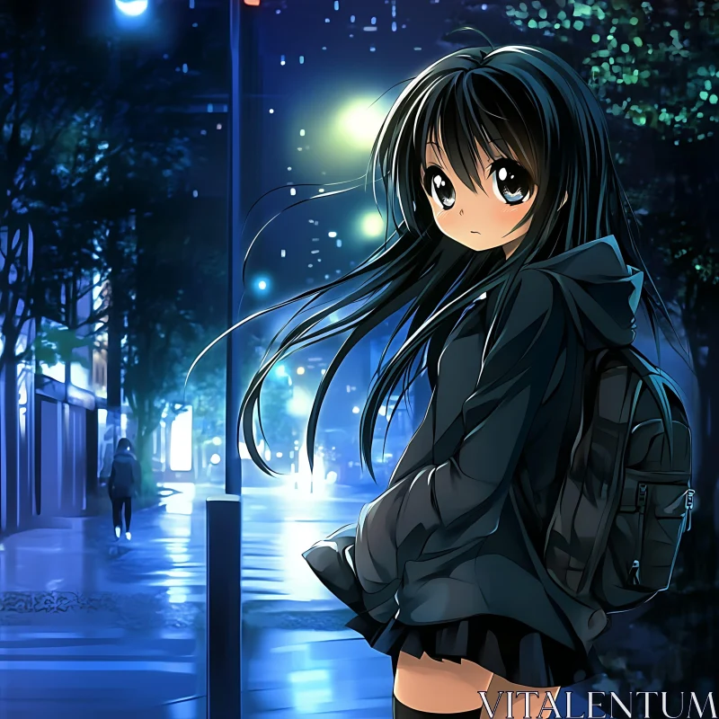 Anime Girl on Dimly Lit Street at Night AI Image