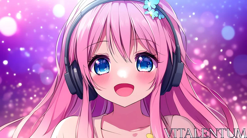 Anime Girl in Headphones with Sparkles AI Image