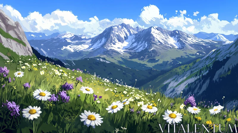 AI ART Alpine Meadow with Snow-Capped Mountains