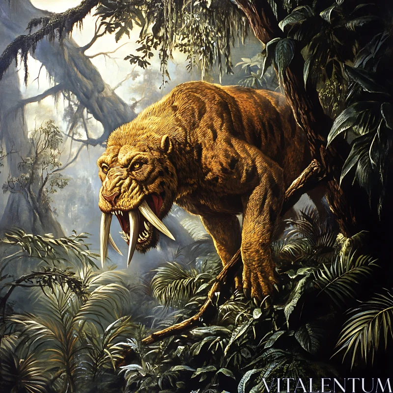 Prehistoric Tiger in Lush Jungle AI Image