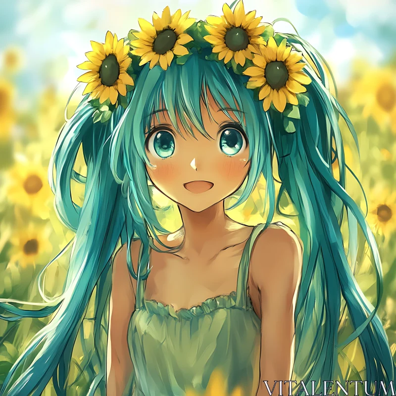 Cheerful Anime Girl in Sunflower Field AI Image