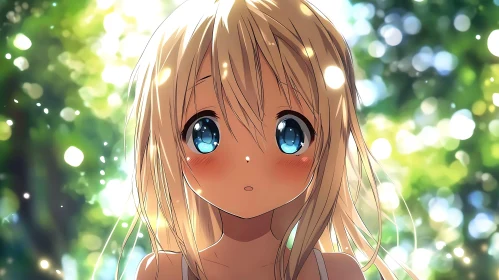 Blonde Anime Girl Gazing in Forest Backdrop