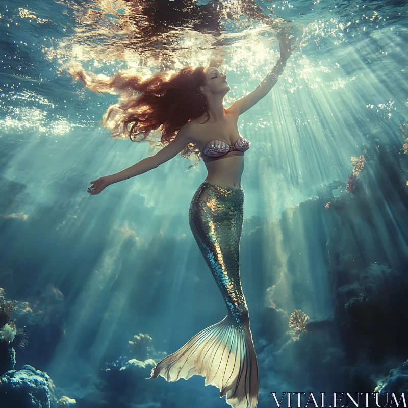 AI ART Underwater Mermaid in Sunlit Ocean