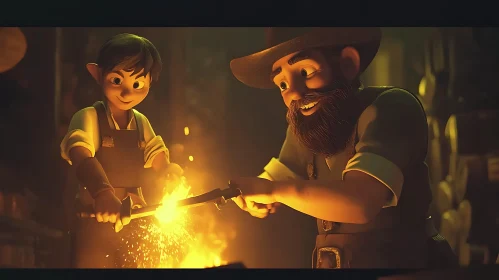 Cartoon Blacksmith Scene with Man and Child