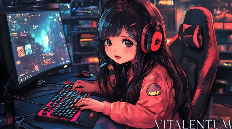 AI ART Anime Girl Engrossed in Gaming