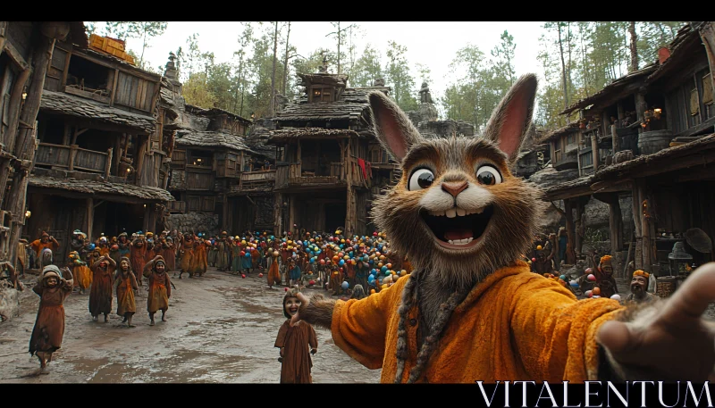 Selfie of an Animated Rabbit in a Joyful Village Setting AI Image