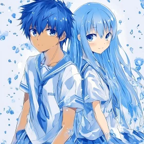 Anime Blue-Haired School Children